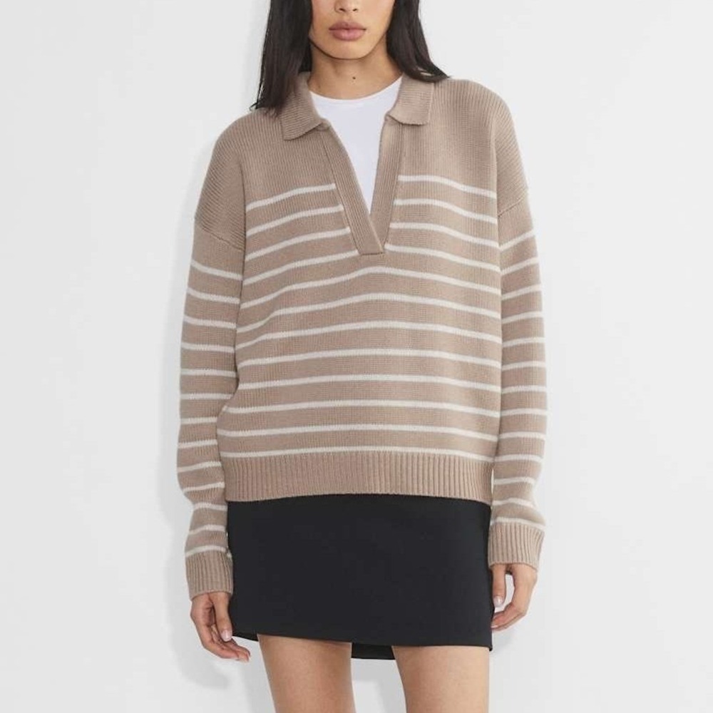 Aritzia Wilfred Clara Merino Wool Striped Polo Sweater, Medium Taupe Office